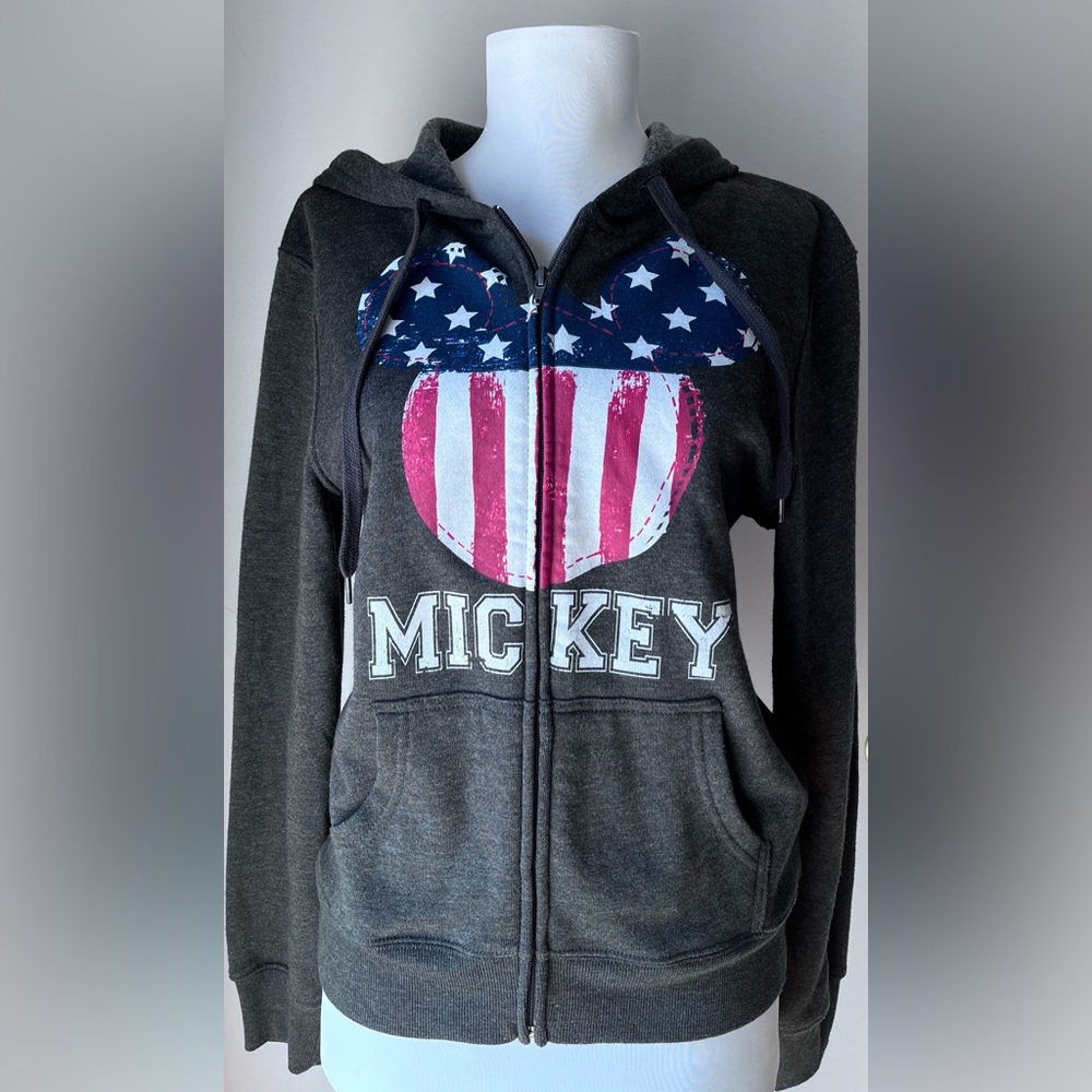 Patriotic Mickey Mouse Front Zip Hoodie Sweatshirt Fleece in Grey Size S